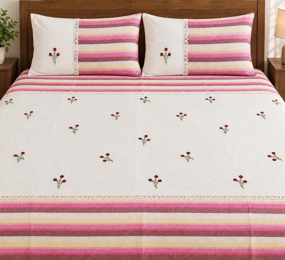 Bed sheets: Tiny red flowers with pink, burgundy and yellow striped panels.