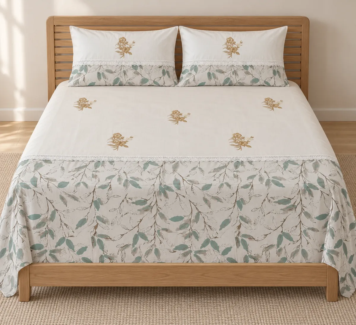 Bed sheets: Golden floral motifs meet a soft green botanical border and lace detail.