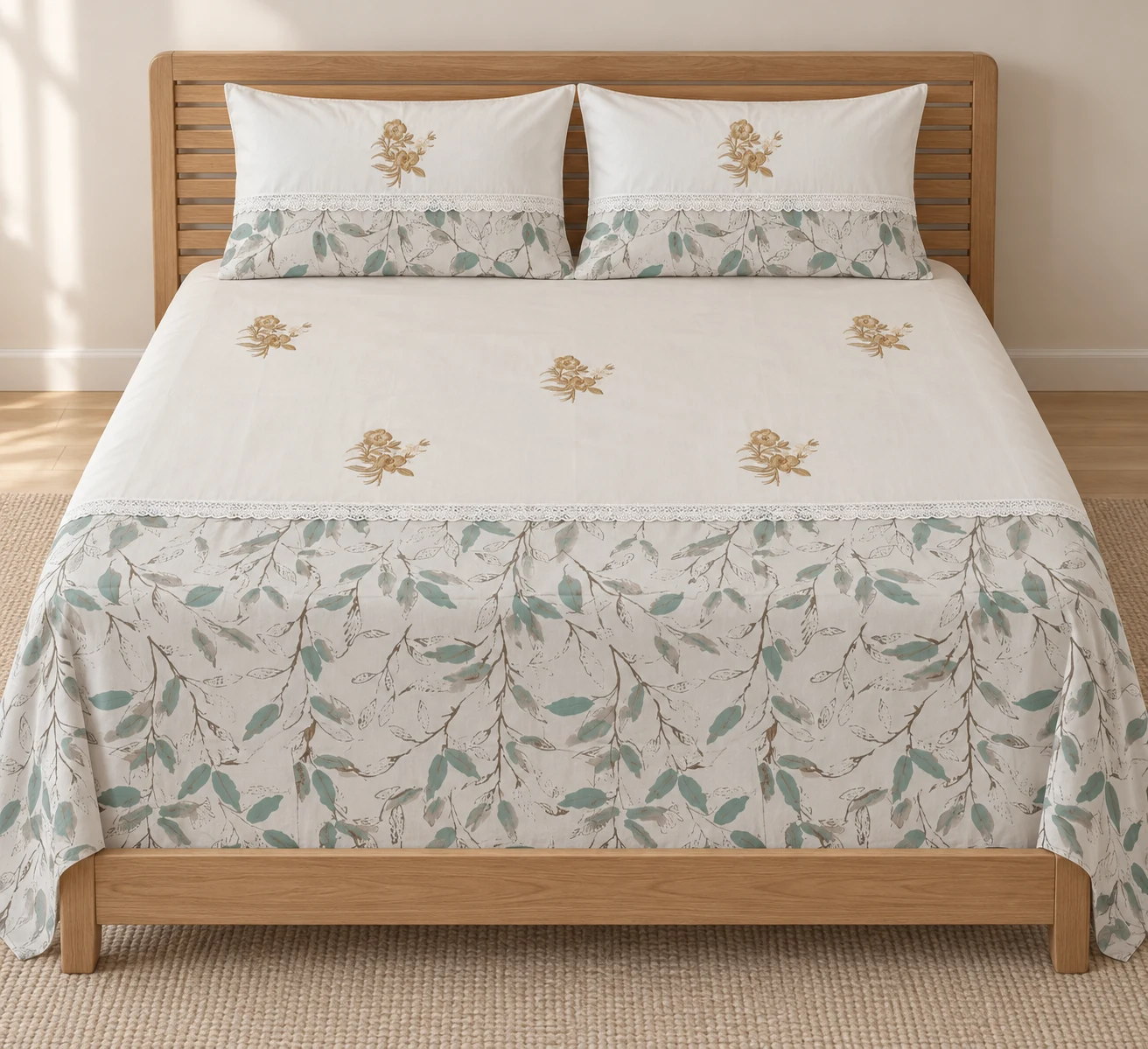 Bed sheets: Golden floral motifs meet a soft green botanical border and lace detail.