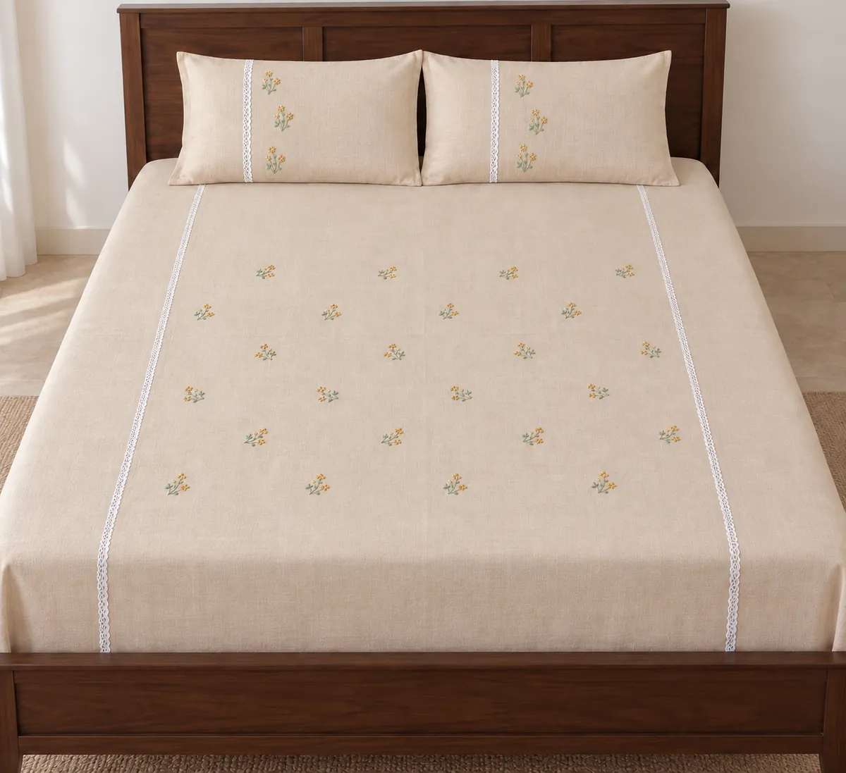 Bed sheets: Small yellow floral sprigs and white lace lines on a warm beige ground.