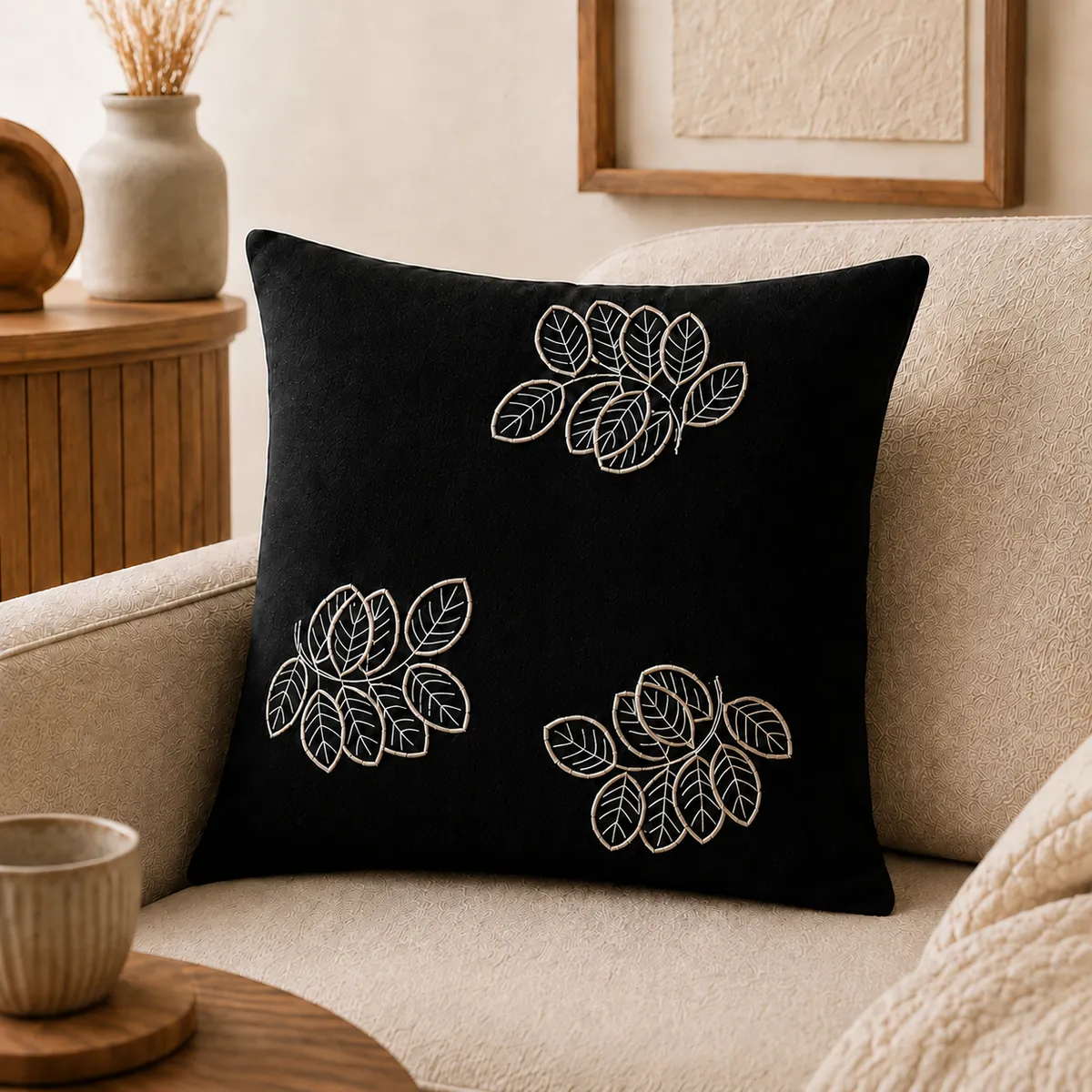 Cushion covers: Ivory and gold leaf outlines on a deep black cushion cover.