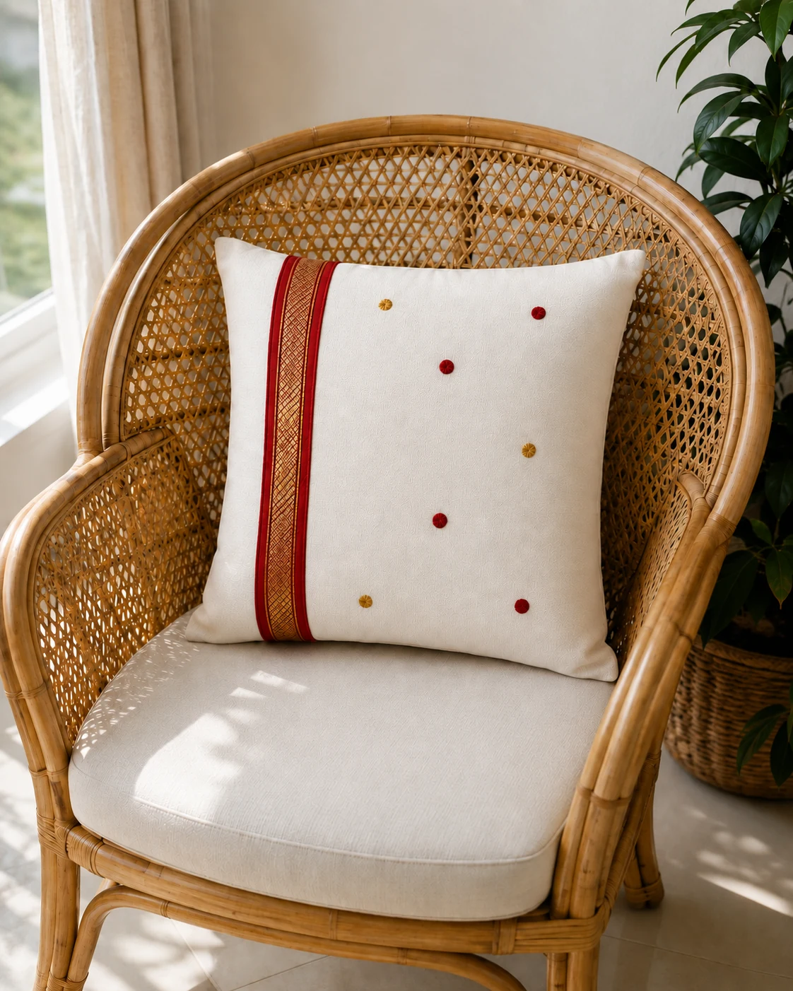 Cushion covers: A red and gold border with scattered embroidered dots on ivory.