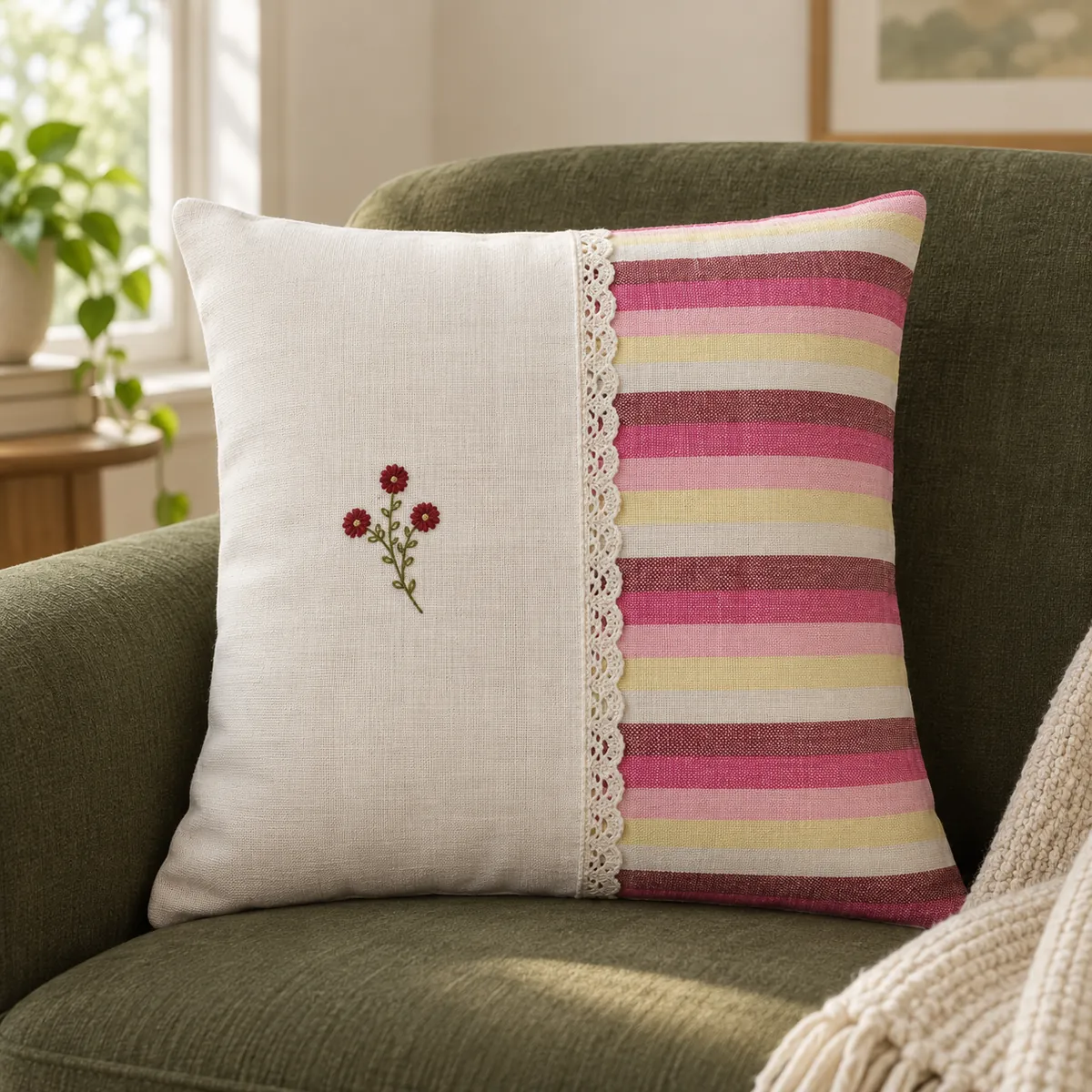 Cushion covers: Warm pink stripes, a floral sprig and a delicate lace detail.