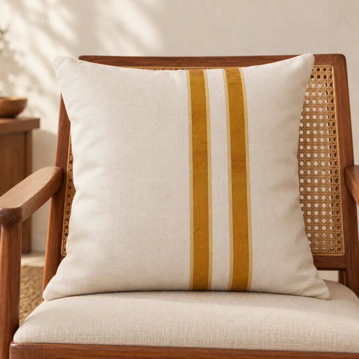 Cushion covers: Twin gold stripes bring a quiet accent to an ivory cushion cover.