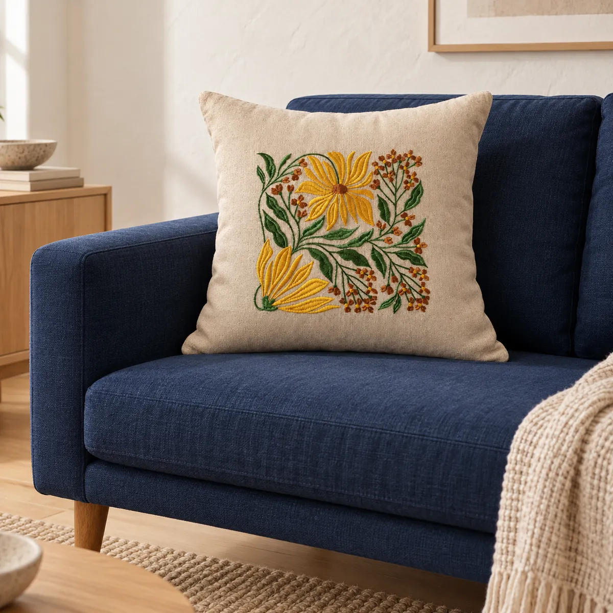 Cushion covers: Yellow blooms and leafy green embroidery on a warm neutral ground.
