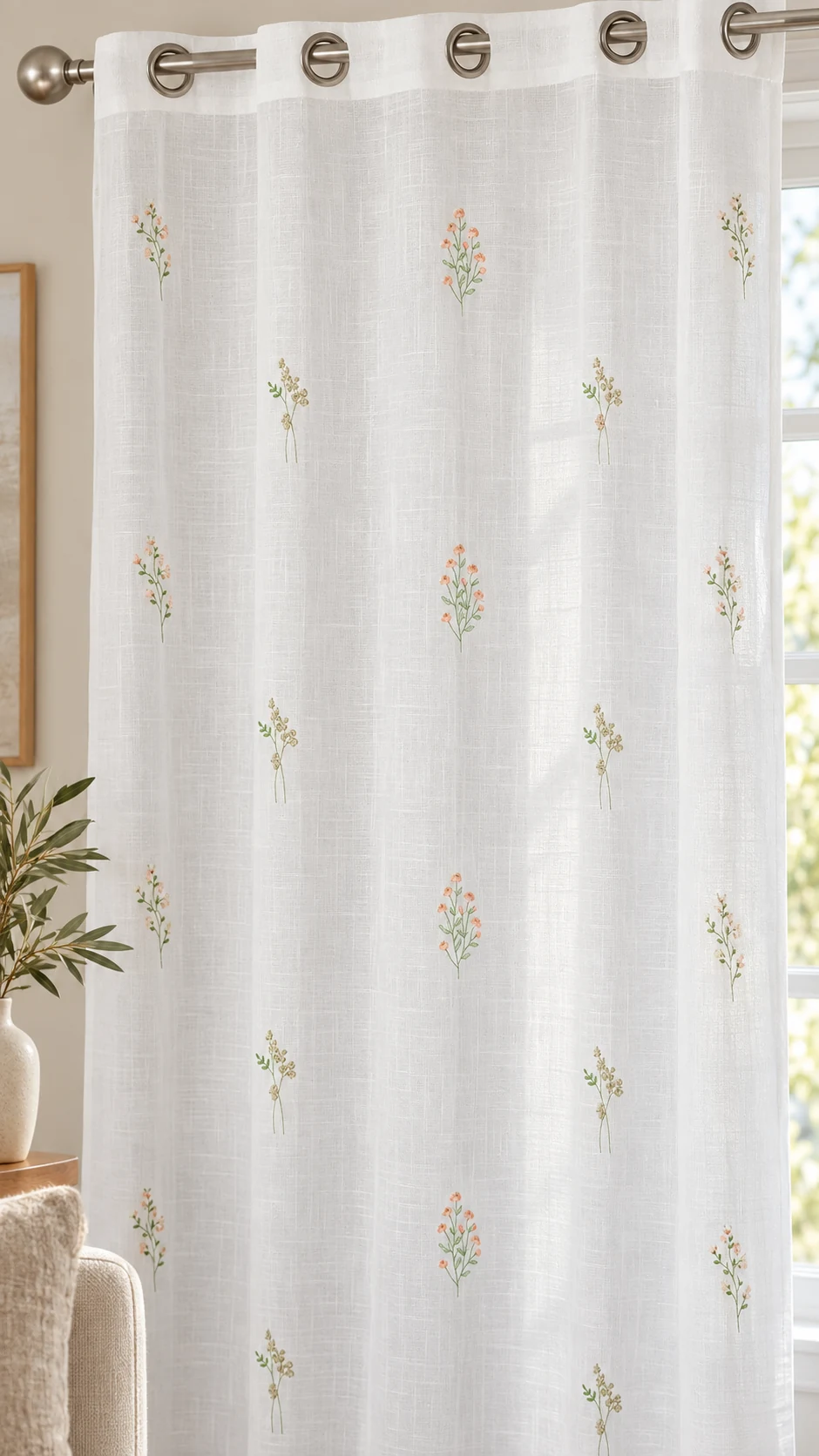 Curtains: Peach and green floral sprigs scattered across a light sheer curtain.