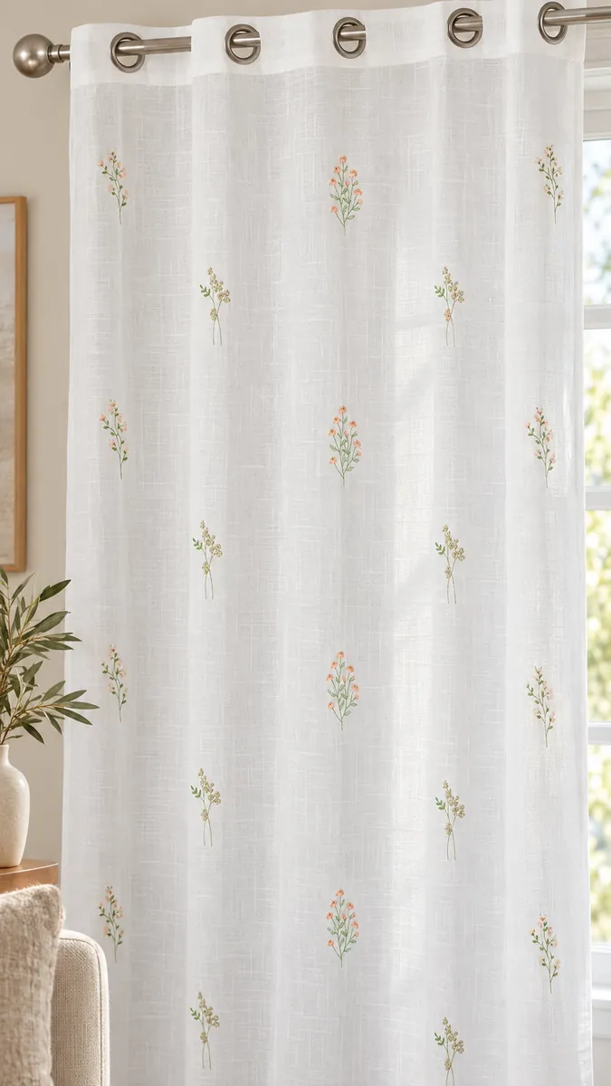 Curtains: Peach and green floral sprigs scattered across a light sheer curtain.