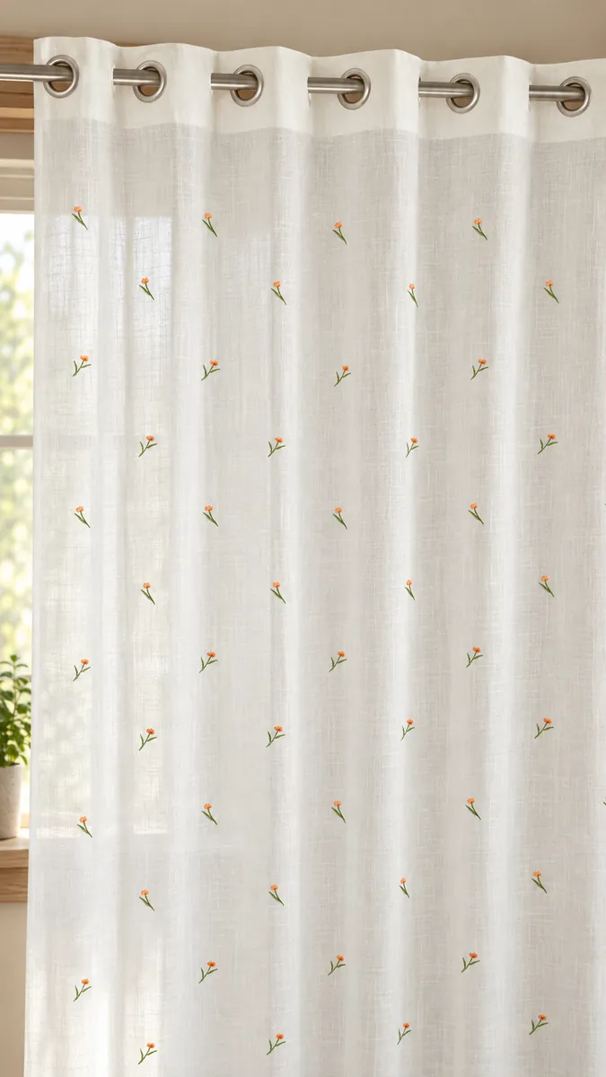 Curtains: Tiny orange flowers and green stems on a soft ivory sheer.