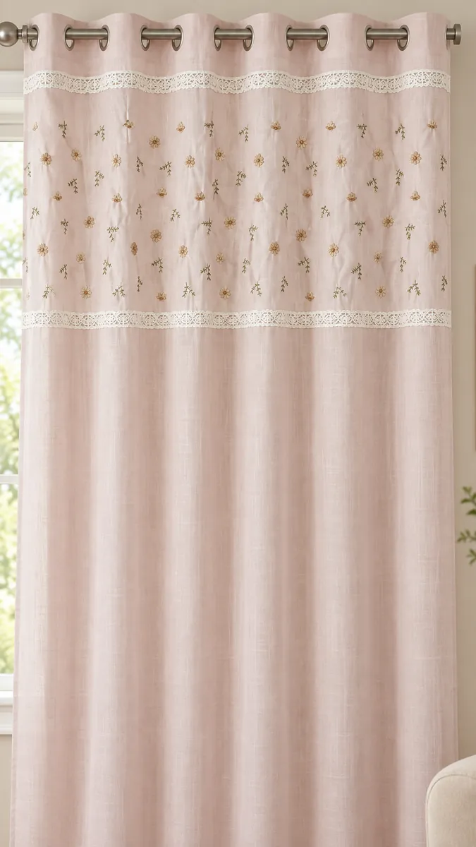 Curtains: A blush curtain with floral embroidery framed by two lace bands.