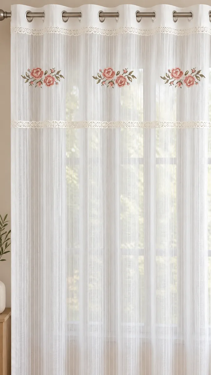 Curtains: Rose embroidery and lace bands on a softly striped ivory sheer.