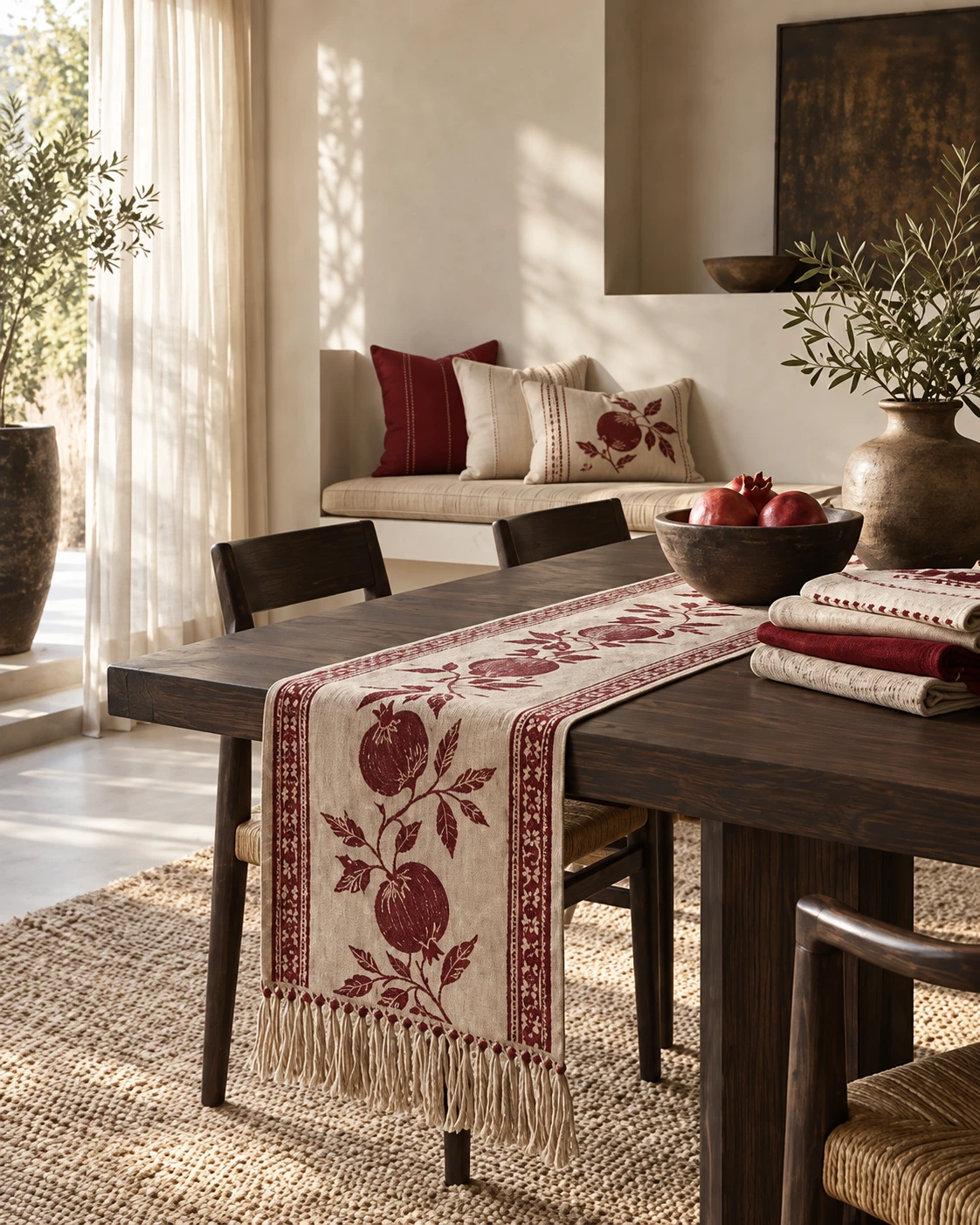 Floral table runner and coordinating cushions in a sunlit living and dining room