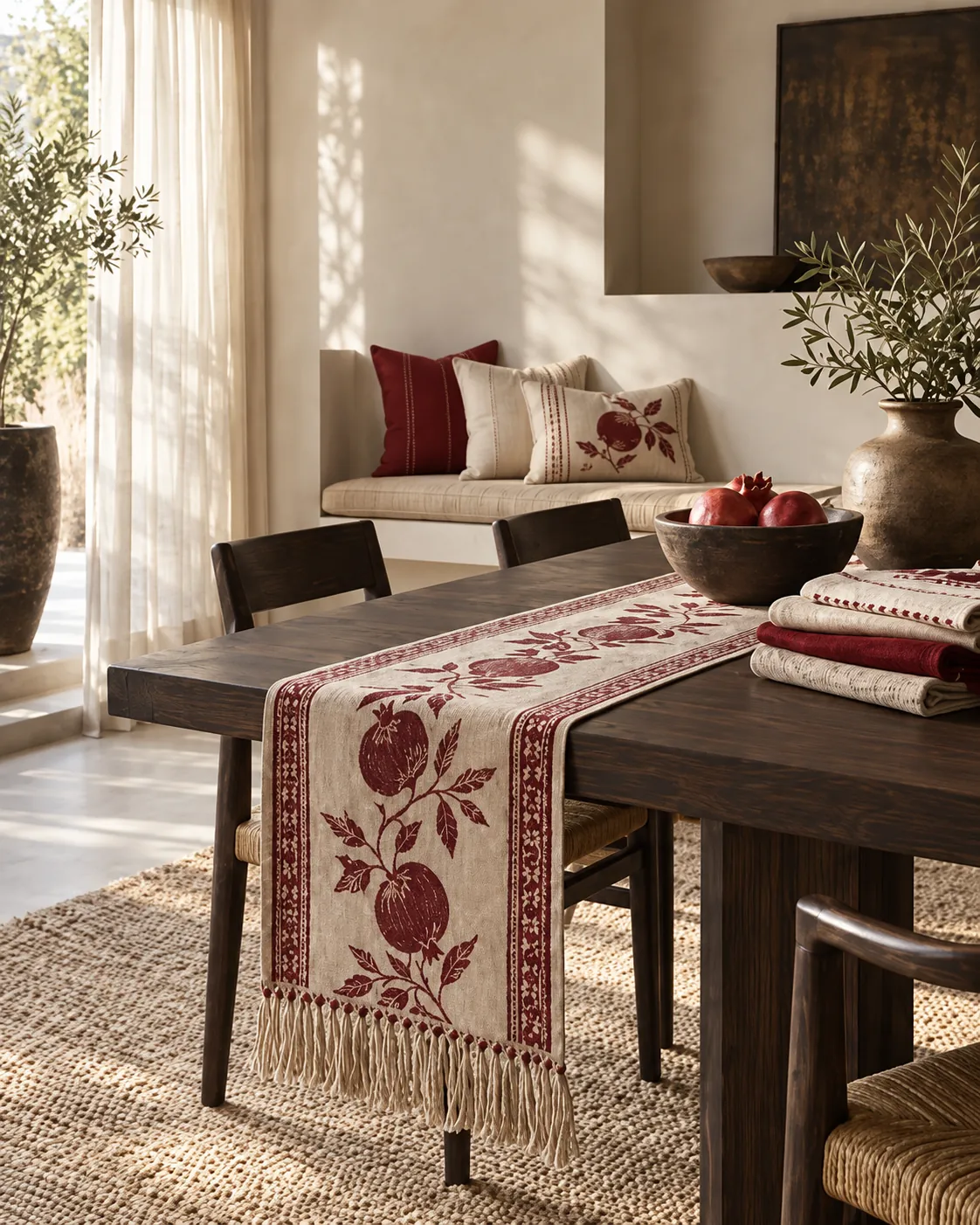 Floral table runner and coordinating cushions in a sunlit living and dining room