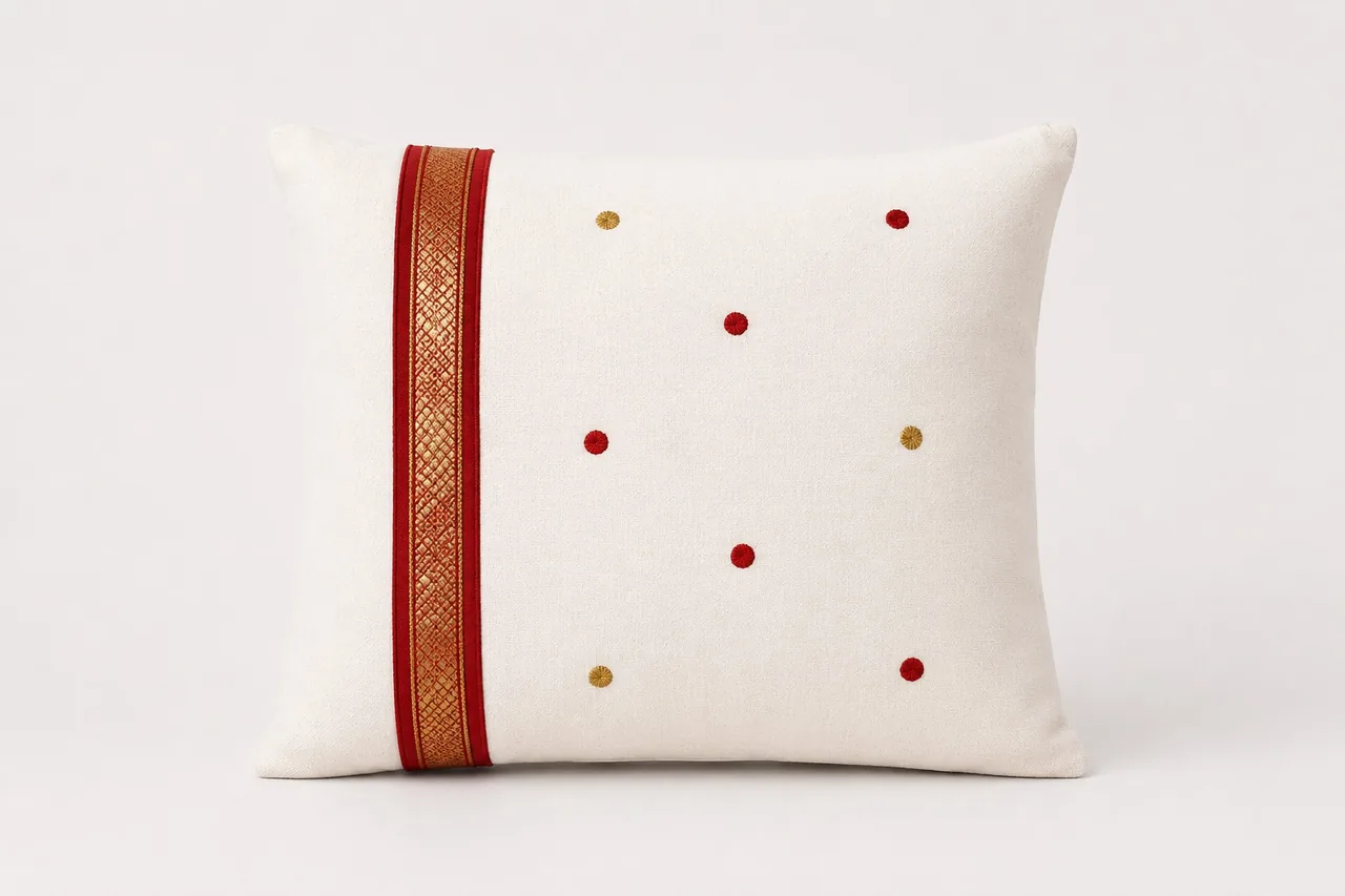 Red-and-gold woven trim and embroidered accents on an ivory cushion