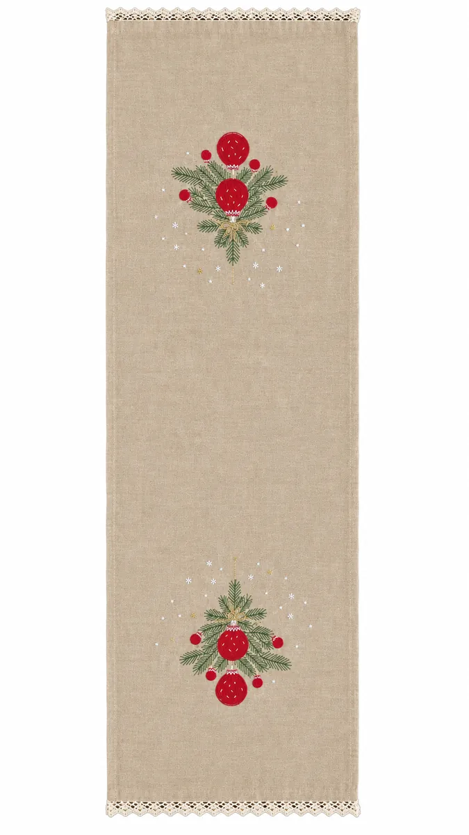 Table runners: Red baubles and evergreen embroidery on a neutral runner with lace ends.