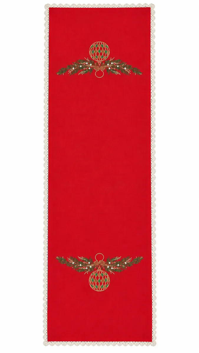 Table runners: A rich red runner with ornamental embroidery and a lace border.